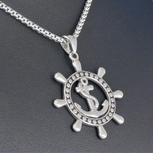 Stainless Ships Wheel with Anchor necklace Boat Helm